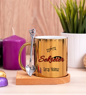 Sekreter Ahşap Altlıklı Gold Kupa Bardak