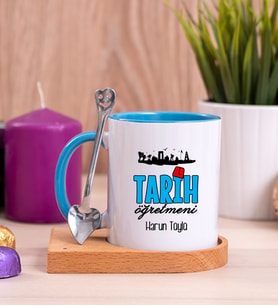 Tarih Öğretmeni Ahşap Altlıklı Mavi Kupa Bardak