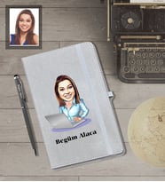 Kişiye Özel İş Kadını Karikatürlü Gri Defter Kalem Hediye Seti  Bayan-7