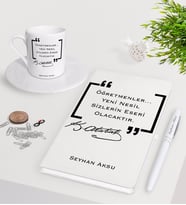 BK Gift Kişiye Özel Atatürk Öğretmen Beyaz Defter Kalem Türk Kahvesi Fincanı Seti-1 (Model 1)