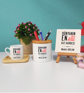 Kız Kardeş Tasarımlı Kişiye Özel Hediye Kız Kardeş Ahşap Altlıklı Türk Kahvesi Fincanı Kalemlik Dekoratif Taş Baskı Hediye Seti