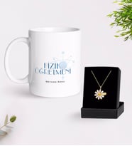 BK Gift Kişiye Özel Fizik Öğretmeni Beyaz Kupa ve Papatya Kolye Hediye Seti-1 (Model 1)