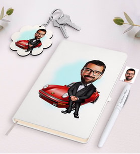 BK Gift Kişiye Özel Erkek Patron Karikatürlü Beyaz Defter Kalem ve Anahtarlık Hediye Seti-1 (Model 1)