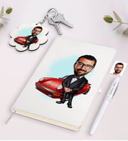 BK Gift Kişiye Özel Erkek Patron Karikatürlü Beyaz Defter Kalem ve Anahtarlık Hediye Seti-1 (Model 1)