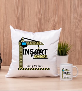 İnşaat Teknikeri Kare Yastık ve Beyaz Kupa Bardak