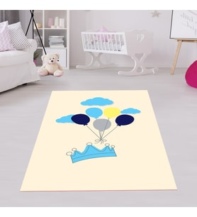 Kral Tacı Balon Desenli Dijital Baskı Yıkanabilir Kaymaz Taban Çocuk Bebek Odası Halısı (Bej)