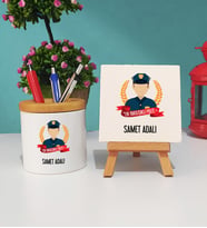 Erkek Polise Hediye En Yakışıklı Polis Kalemlik ve Dekoratif Taş Baskı Seti