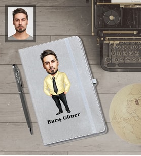 Kişiye Özel Öğretmen Karikatürlü Gri Defter Kalem Hediye Seti  Bay-13