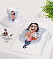BK Gift Kişiye Özel Ev Hanımı Karikatürlü Beyaz Defter Kalem Türk Kahvesi Fincanı Seti-2 (Model 1)