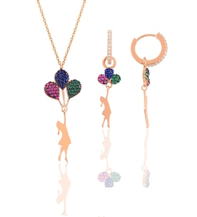 Söğütlü Silver Gümüş rose balonlu kız kolye ve küpe gümüş set