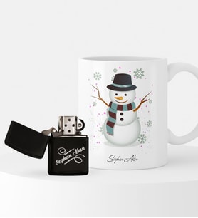 BK Gift Kişiye Özel Yılbaşı Kardan Adam Temalı Çakmak ve Kupa Seti - 1