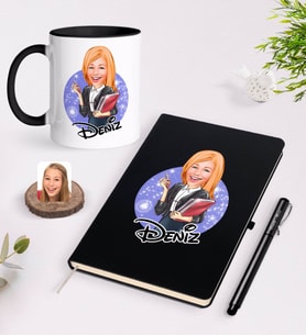 BK Gift Kişiye Özel Kadın Yönetici Karikatürlü Siyah Defter Kalem ve Kupa Seti-1 (Model 1)