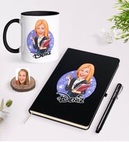 BK Gift Kişiye Özel Kadın Yönetici Karikatürlü Siyah Defter Kalem ve Kupa Seti-1 (Model 1)