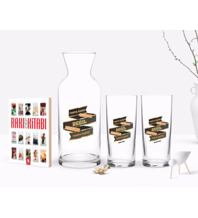 BK Gift Kişiye Özel Renkli Baskılı Yarıya Kadar Değil Yaraya Kadar Tasarımlı İkili Rakı Bardağı Karaf ve Cep Kitabı Hediye Seti-6 (Model 1)