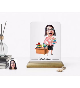 BK Gift Kişiye Özel Kadın Öğretmen Karikatürlü Ahşap Standlı Çerçeve-5 (Beyaz)