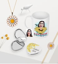Kadınlara Özel Karikatürlü Kupa Çiçekli Ayna Papatya Kolye Bileklik Seti - 1 (Model 1)