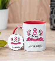 Kadınlar Günü Hediyesi Kırmızı Kupa Bardak Ve Anahtarlık Set