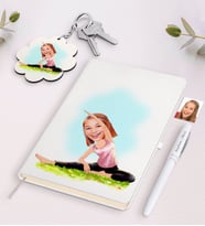 BK Gift Kişiye Özel Kadın Yogacı Karikatürlü Beyaz Defter Kalem ve Anahtarlık Hediye Seti-1 (Model 1)