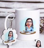 BK Gift Kişiye Özel Bayan Spiker Karikatürlü Beyaz Kupa ve Anahtarlık Hediye Seti-1 (Model 1)