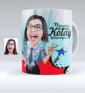 BK Gift Kişiye Özel Bayan Polis Karikatürlü Beyaz Kupa Bardak  1