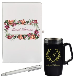Bahar Çiçekleri Desenli Kişiye Özel Hediye Defter Kalem Siyah Termos Mug Seti