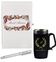Bahar Çiçekleri Desenli Kişiye Özel Hediye Defter Kalem Siyah Termos Mug Seti