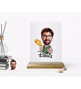 BK Gift Kişiye Özel Erkek Ressam Karikatürlü Ahşap Standlı Çerçeve (Beyaz)