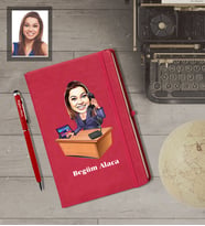 Kişiye Özel İş Kadını Karikatürlü  Kırmızı Defter Kalem Hediye Seti Bayan-9