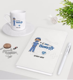 BK Gift Kişiye Özel Hemşir Beyaz Defter Kalem Türk Kahvesi Fincanı Seti-1 (Model 1)