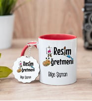 Resim Öğretmeni Kırmızı Kupa Bardak Ve Anahtarlık Set