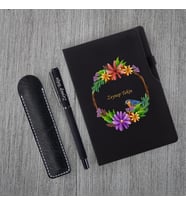 Kişiye Özel UV Baskılı Kuş Desenli Siyah Defter Roller Kalem Seti
