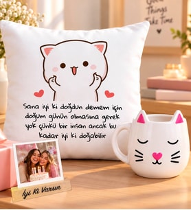 Doğum Günü Hediyesi Kişiye Özel Fotoğraflı İyi Ki Doğdun Kedi Yastık & Kedi Figürlü Kupa