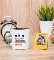 Abla Kelime Anlamı Siyah Kupa Bardak ve Sarı Mini Fotoğraf Çerçevesi