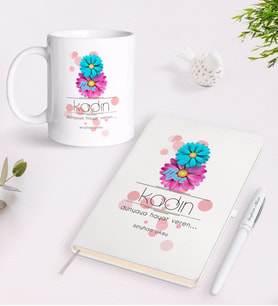 BK Gift Kişiye Özel Kadınlar Günü Tasarımlı Beyaz Defter Kalem ve Kupa Seti-9 (Model 1)