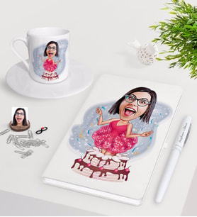 BK Gift Kişiye Özel Bayan Doğum Günü Karikatürlü Beyaz Defter Kalem Türk Kahvesi Fincanı Seti-1 (Model 1)