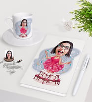 BK Gift Kişiye Özel Bayan Doğum Günü Karikatürlü Beyaz Defter Kalem Türk Kahvesi Fincanı Seti-1 (Model 1)