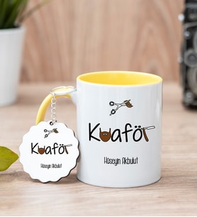 Erkek Kuaförü Sarı Kupa Bardak Ve Anahtarlık Set