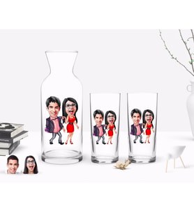 BK Gift Kişiye Özel Renkli Baskılı Sevgililer Karikatürlü İkili Rakı Bardağı ve Karaf Hediye Seti-4 (Model 1)