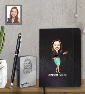 Kişiye Özel Öğretmen Karikatürlü  Siyah Defter Kalem Çakmak Hediye Seti  Bayan-8 (Model 1)