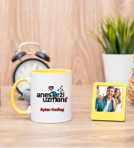 Anestezi Uzmanı Sarı Kupa Bardak ve Sarı Mini Fotoğraf Çerçevesi