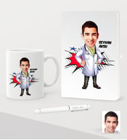 BK Gift Kişiye Özel Bay Doktor Karikatürlü Beyaz Defter Kalem Kupa Seti - 2 (Model 1)