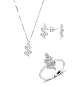 Söğütlü Silver Gümüş rodyumlu yılan kolye küpe ve yüzük seti
