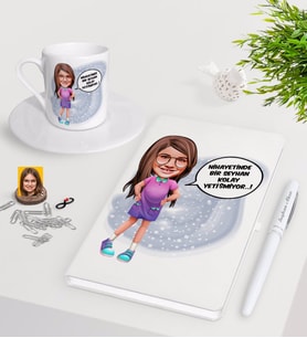 BK Gift Kişiye Özel Kız Çocuk Kolay Yetişmiyor Karikatürlü Beyaz Defter Kalem Türk Kahvesi Fincanı Seti-5 (Model 1)