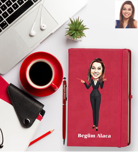 Kişiye Özel Öğretmen Karikatürlü Kırmızı Defter Kalem Hediye Seti Bayan-1