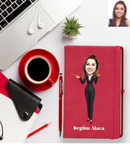 Kişiye Özel Öğretmen Karikatürlü Kırmızı Defter Kalem Hediye Seti Bayan-1