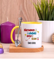Öğretmenler Günü Ahşap Altlıklı Sarı Kupa Bardak