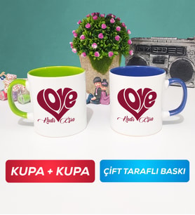 İkili Love Tasarımlı Sevgililer Günü Hediyesi Kupa Bardak Yeşil Lacivert