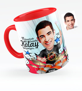 BK Gift Kişiye Özel Bay Baterist Karikatürlü Kırmızı Kupa Bardak  1
