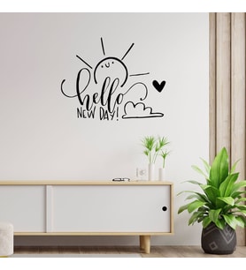 New Jargon - El Yazısı ile Sevimli Hello New Day Duvar Yazısı Sticker 60x48cm - Siyah