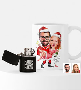 BK Gift Kişiye Özel Yılbaşı Temalı Sevgililer Karikatürlü Çakmak ve Kupa Seti - 2